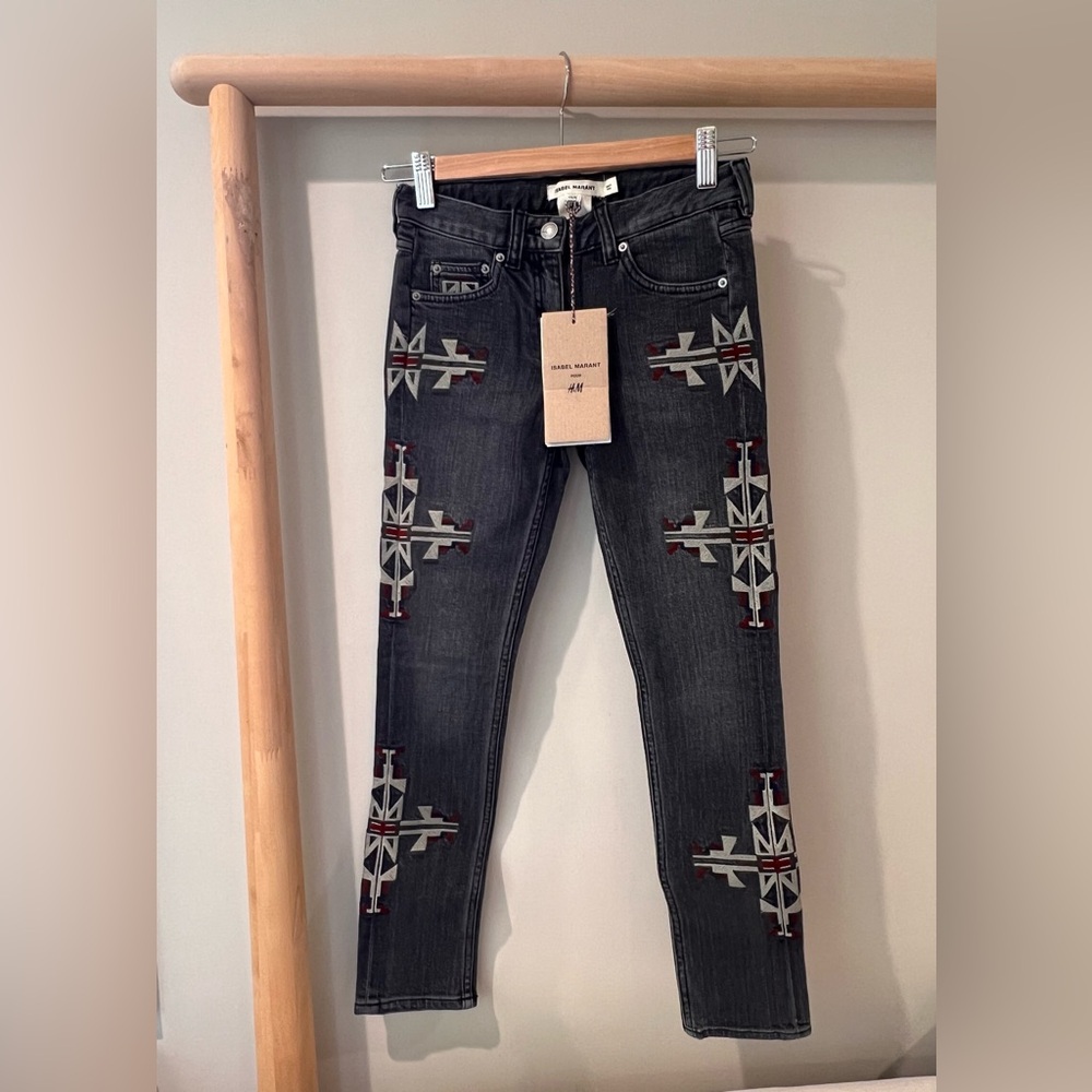 NWT Isabel Marant x H&M embroidered grey denim jeans boho kids sz 10-11 Y